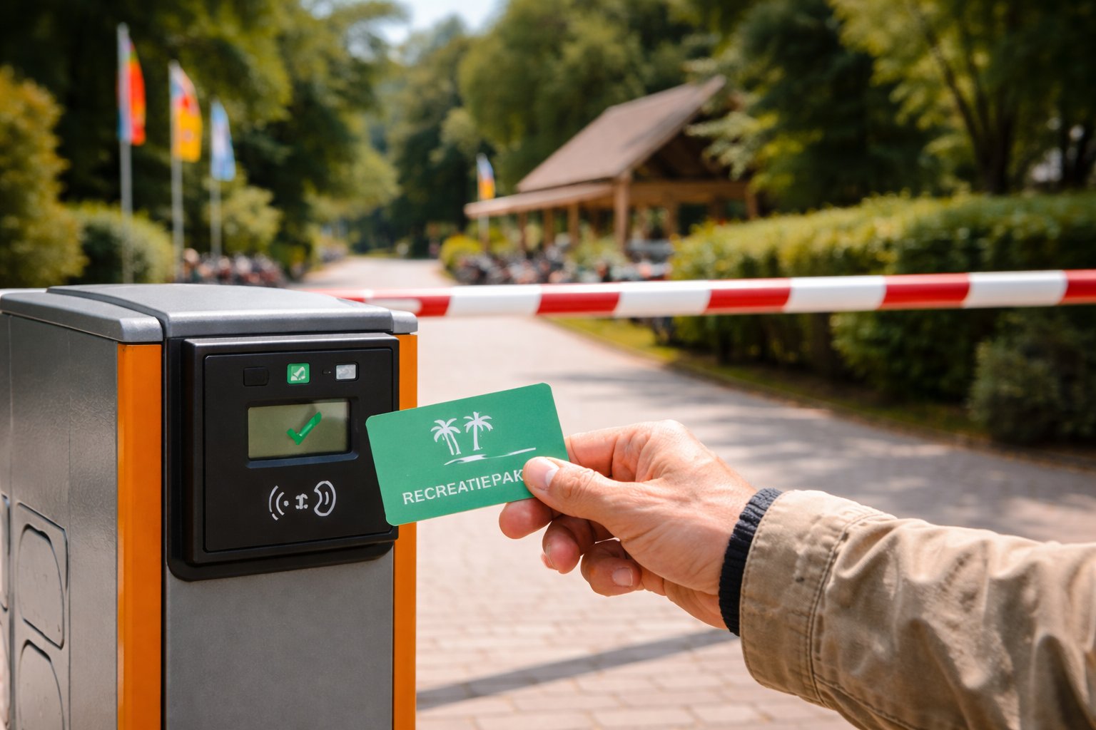 Gast scant toegangspas bij slagboom van recreatiepark